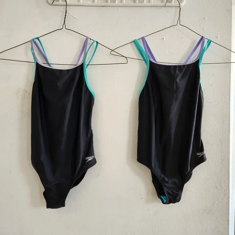 Speedo Girls Swimsuit 12 Pro Multi Black One-Piece Cross Back Sport Lot Of 2